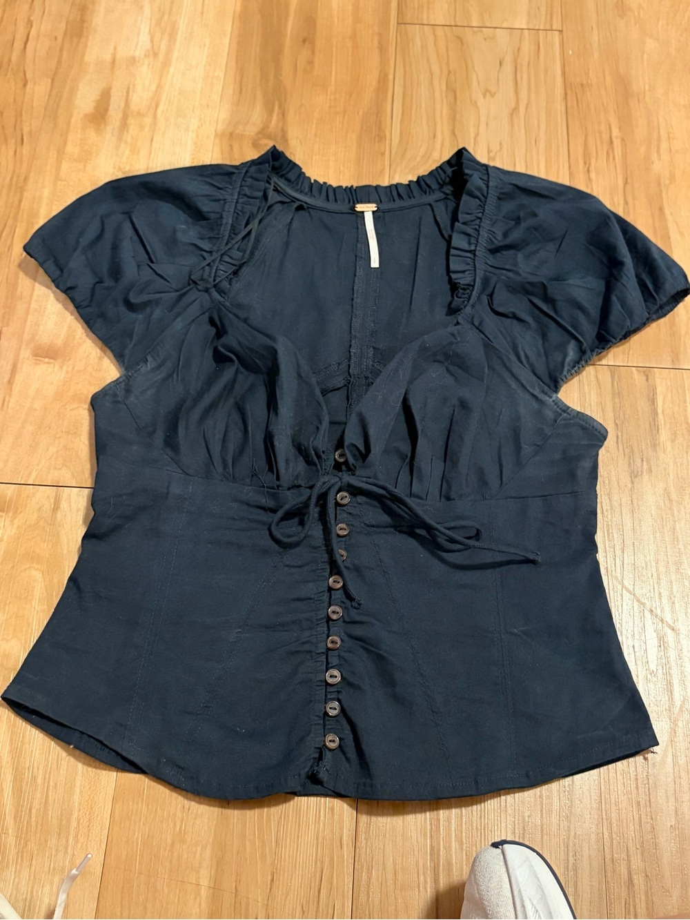 Free People Navy Button-Front Short Sleeve Top